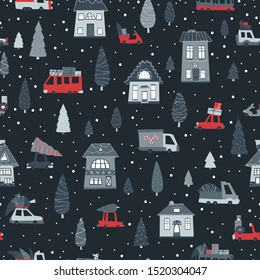Christmas seamless pattern. Holiday night city. Snowfall. Houses and bright cars with gifts and Christmas trees. Vector background in cartoon scandinavian style on a dark background.