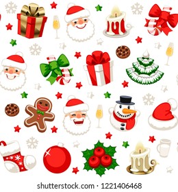 Christmas seamless pattern with holiday objects isolated on white background. Colorful backdrop. Happy New Year decoration. Clipping paths included.