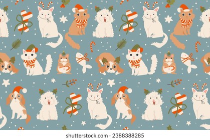 Christmas seamless pattern with holiday pets. Cozy holiday domestic cat, dog, hamster, parrot, turtle. Cute funny hand drawn cartoon style background. Merry Christmas vector wrapping paper design