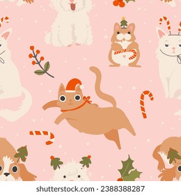 Christmas seamless pattern with holiday pets. Cozy holiday domestic cat, dog, hamster, parrot, turtle. Cute funny hand drawn cartoon style background. Merry Christmas vector wrapping paper design