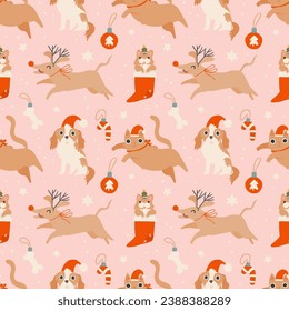 Christmas seamless pattern with holiday pets. Cozy holiday domestic cat, dog, hamster, parrot, turtle. Cute funny hand drawn cartoon style background. Merry Christmas vector wrapping paper design
