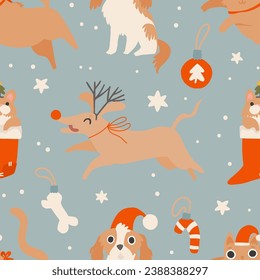 Christmas seamless pattern with holiday pets. Cozy holiday domestic cat, dog, hamster, parrot, turtle. Cute funny hand drawn cartoon style background. Merry Christmas vector wrapping paper design