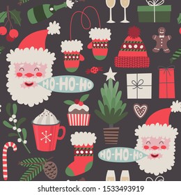 Christmas seamless pattern with holiday symbols isolated on dark background. Vector hand drawn  cartoon illustration for wrapping paper, postcards, greeting cards, fabrics. New year concept.