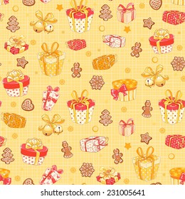 Christmas seamless pattern with holiday symbols on yellow background. 