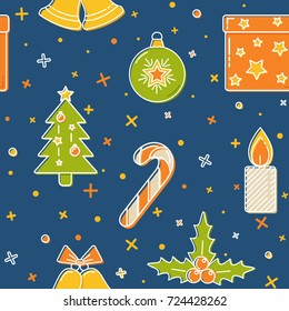 Christmas seamless pattern with holiday symbols. Colored fir-tree, decorative ball, candle, bells, mistletoe, gift box and candy cane in thin line style. New Year wallpaper, decorative background.