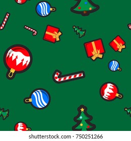 Christmas seamless pattern with holiday toys and symbols in flat cartoon style. Bauble, gift, sugar cane and Christmas Tree