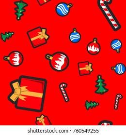 Christmas seamless pattern with holiday toys and symbols in flat cartoon style. Bauble, gift, sugar cane and Christmas Tree