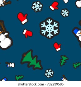 Christmas seamless pattern with holiday toys and symbols in flat cartoon style. Snowman, mitten, fir and snowflake as winter holiday fun signs