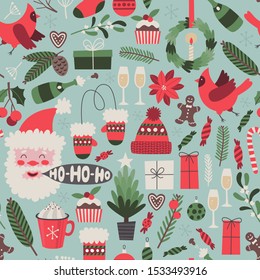 Christmas seamless pattern with holiday traditional symbols. Vector hand drawn  illustration for wrapping paper, postcards, greeting cards, fabrics. New year concept  in cartoon simple style.