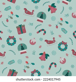 Christmas seamless pattern. Holiday vector background wirh christmas elements and attributes. Christmas snow globe, gift, ball, candy, wreath, sled, lights, snowflakes on a green background