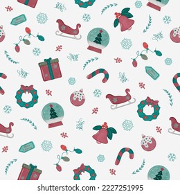 Christmas seamless pattern. Holiday vector background wirh christmas elements and attributes. Christmas snow globe, gift, ball, candy, wreath, sled, lights, snowflakes on a white background