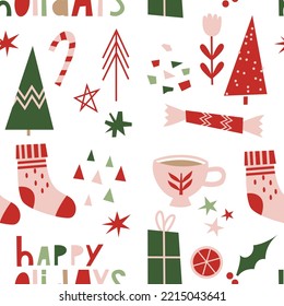 Christmas Seamless Pattern. Holiday winter square pattern. White background. Cute illustration. Winter wallpaper