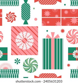 Christmas seamless pattern for holiday wrapping paper or modern New Year textile. Boxes with gifts, candies and lollipops form a New Year's composition. Vector.