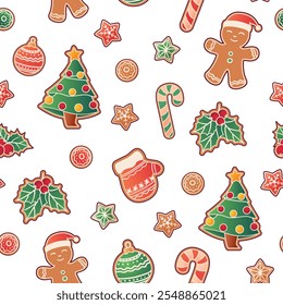 Christmas seamless pattern with holidays cookies. Vector illustration if ginger cookies of tree, decoration, mitten, candy, stars. Merry Christmas, New Year concept. 