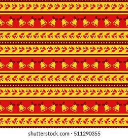 Christmas seamless pattern with holly and bells. Holiday background in red and yellow colors. Vector illustration.
