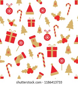 Christmas seamless pattern with holly berries, balls,gift boxes, candy cane, bell, tree, snowflakes. Red and gold holiday design elements. Vector illustration.