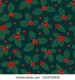 Christmas seamless pattern with holly berries background, Winter pattern with holly, wrapping paper, pattern fills, winter greetings, web page background, Christmas and New Year greeting cards