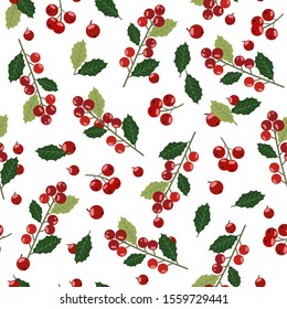 Christmas seamless pattern with holly berries background, Winter pattern with holly, wrapping paper, pattern fills, winter greetings, web page background, Christmas and New Year greeting cards