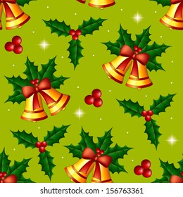 Christmas seamless pattern with holly berries and gold bells on green background. Vector illustration. 