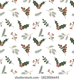 Christmas seamless pattern with holly berries and leaves