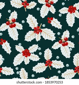 Christmas seamless pattern with holly berries background, Winter pattern with holly, wrapping paper, winter greetings, web page background, Christmas and New Year greeting cards