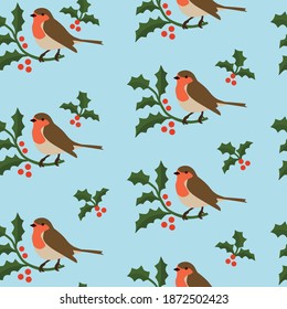 Patrón de Navidad sin fisuras con bayas y aves Robin. Ilustración vectorial. 