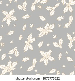 Christmas seamless pattern. Holly, berries, stars.Engraving style. Hand drawn elements. Gray background