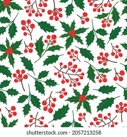 Christmas seamless pattern with holly and berries. Vector illustration.	