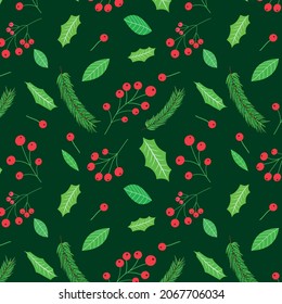Christmas seamless pattern with holly berries, mistletoe, pine tree branches  on dark green background. Great for Christmas greeting card ,gift wrapping paper, textile and home décor. 