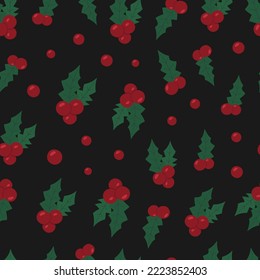 Christmas seamless pattern with holly berries. Winter holiday vector background for fabric, textile, paper, wrapping