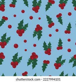 Christmas seamless pattern with holly berries on blue background. Winter holiday vector repeat backdrop for fabric, textile, paper, wrapping