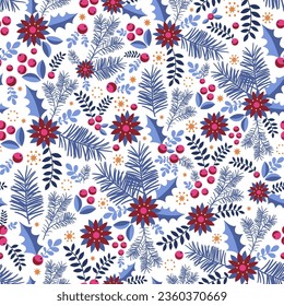 Christmas seamless pattern with holly berries, leaves, snowflakes on a blue background. Scandinavian style. Perfect for winter holidays, Christmas wallpaper, wrapping paper, fabric.