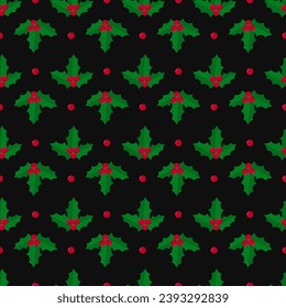 Christmas seamless pattern with holly berries and leaves. Cute seasonal background.  Vector template for textile, fabric, wallpaper, wrapping paper, etc.
