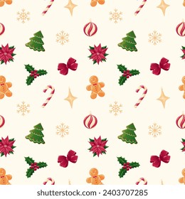 Christmas seamless pattern with holly berries, poinsettia flower, gingerbread, ornaments, snowflakes.Background illustration with Christmas decoration