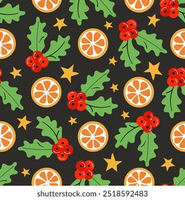 Christmas seamless pattern of holly berries, mistletoe, orange slices and golden stars on black background. Design for Christmas wrapping paper, fabric, textile. Vector illustration for Christmas art.