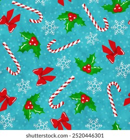 Christmas seamless pattern with holly berries, candy canes, red bows and snowflakes on blue background with watercolor texture. Winter holiday ornament, vector illustration