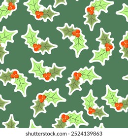 Navidades sin patrón con bayas de acebo, Ilustración vectorial dibujada a mano, fondo de vacaciones de invierno. Para el papel de embalaje, impresión de la tela, Fondo de pantalla, tarjeta de felicitación, invitación, cubierta, calendario