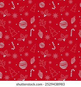 Weihnachten nahtloses Muster mit heiligen Beeren, Schneeflocken, Candy Canes und Weihnachtsschmuck auf rotem Hintergrund. Weihnachtspapier. EPS 10