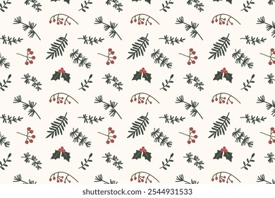 Navidades sin patrón con acebo, bayas y ramas de pino. Patrón botánico simple y elegante sin fisuras con hojas de acebo, bayas y ramas de pino. Perfecto para papel de regalo, manualidades navideñas.