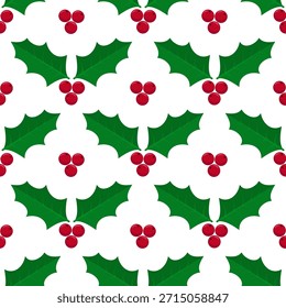 Christmas seamless pattern with holly berries and leaves. Cute seasonal background.  Vector template for fabric, textile, wallpaper, wrapping paper, etc