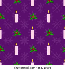 Christmas seamless pattern with holly berries and candles