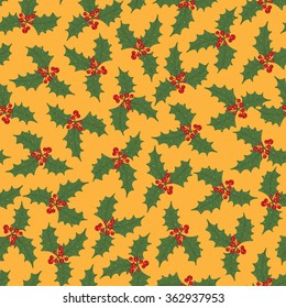 Christmas seamless pattern with holly berries on aureate background. Vector illustration