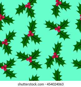 Christmas seamless pattern with holly berries on a turquoise background