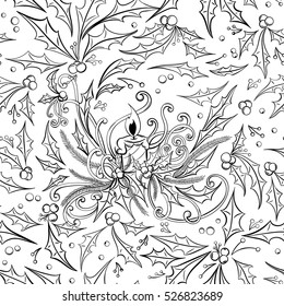 Christmas seamless pattern. Holly berries, leaves and candle isolated on white background. Hand drawn vector illustration. Seamless pattern can be used for wallpaper, textile, fabric, wrapping paper