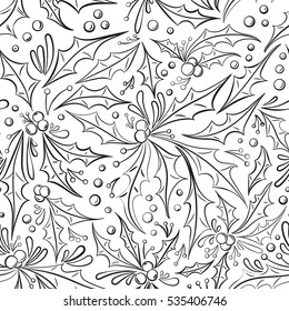 Christmas seamless pattern. Holly berries and leaves isolated on white background. Hand drawn vector illustration. Seamless pattern can be used for wallpaper, textile, fabric, wrapping paper