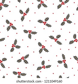 Christmas seamless pattern with holly berry and dots on white background. Perfect for holiday invitations, winter greeting cards, wallpaper and gift paper 