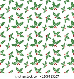 Christmas seamless pattern with holly berry leaves. Vector illustration. Abstract cute background