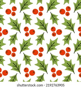 Christmas seamless pattern with holly berry. Hand drawn repeat background texture. Branch, leaves and berries greenery vector illustration. For wrapping paper, textile design, vintage home decor