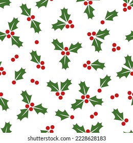 Christmas seamless pattern with holly berry. Green leaves, red berries festive design. Isolated on white background. Winter, New Year. For wrapping paper, fabric, greeting card. Vector illustration.