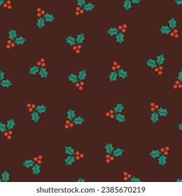 Christmas seamless pattern with holly berry on brown background. Perfect for wallpaper, gift paper, winter greeting cards. Vector illustration